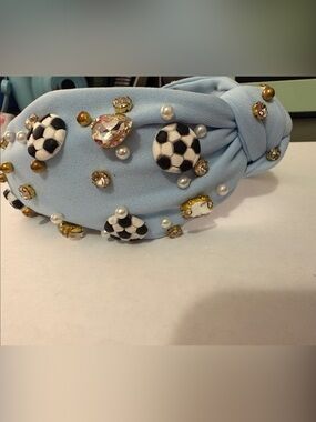Light Blue Embellished Kids Headband with Soccer Bead Accents